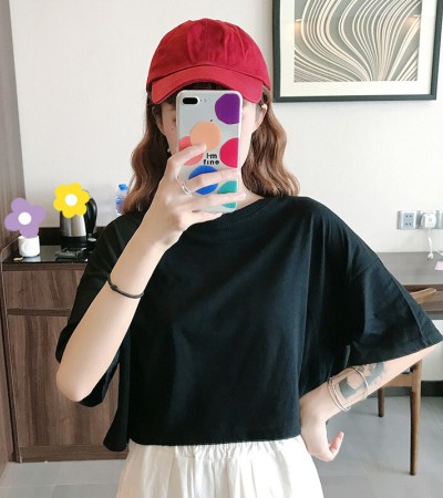 LuFashion Crop Tops for Women Summer Candy Colors Short Sleeve Plain Casual T-Shirts