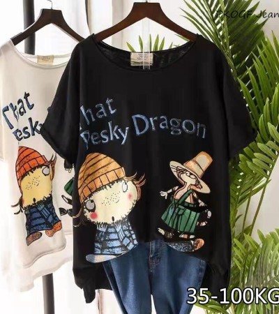 PKOGF Summer New Plus Size Women T-shirt Casual Loose Cartoon Print Pattern Over Size Short Sleeve Tops